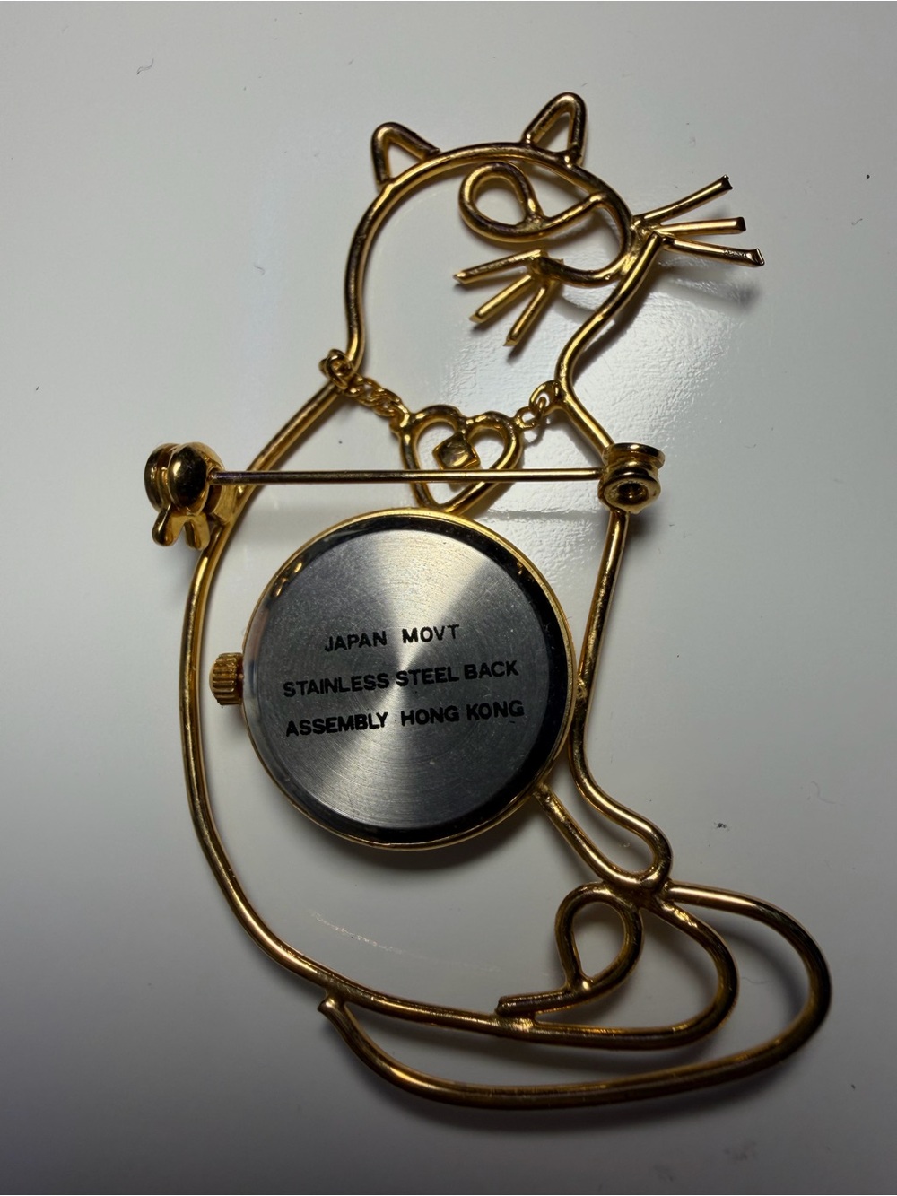 Gold Cat Wireframe Watch Brooch with Heart Accent - Picture 2 of 2